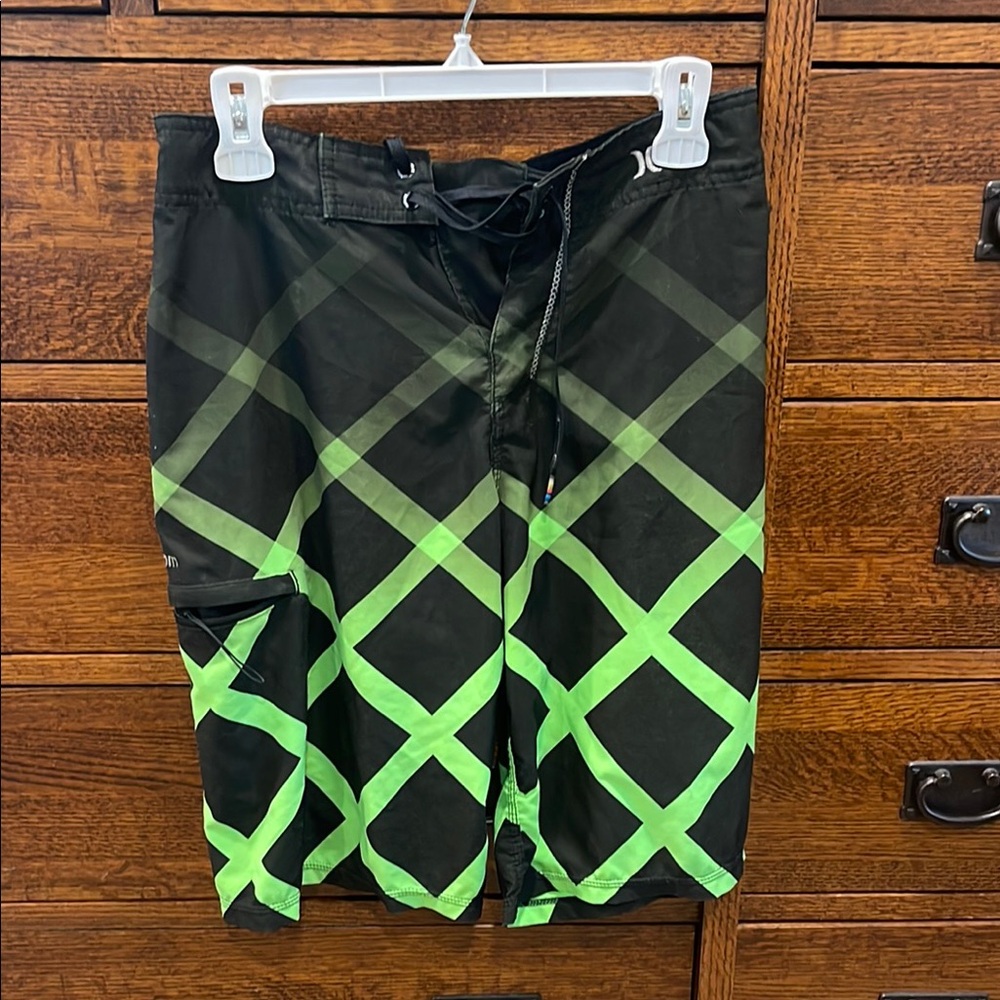 Hurley Black and Green Board Shorts with Geometric Design